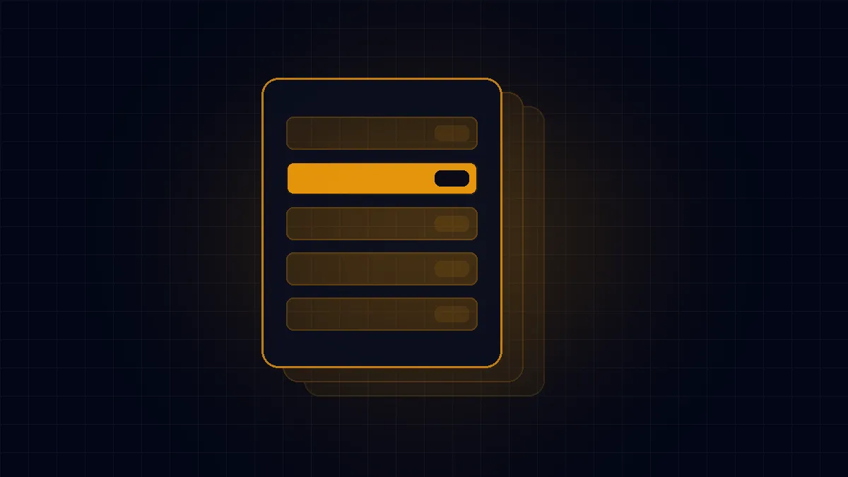 Abstract stacked order-menu cards in amber on a dark grid — commission-free ordering