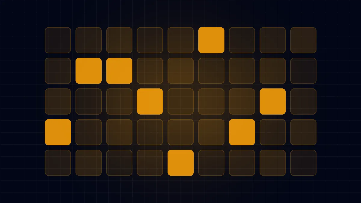 Abstract grid of amber cells on dark — a food-distribution data and warehouse grid